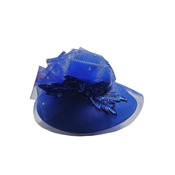 Vintage Kakyco Classic Handcrafted Blue Floral Rhinestone Wool Hat. Size 7½\